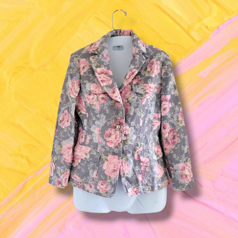 ✨️HP✨️Compagna | Cute Pink/Gray Floral Quilt-Like Fitted Blazer (SIZE XS)